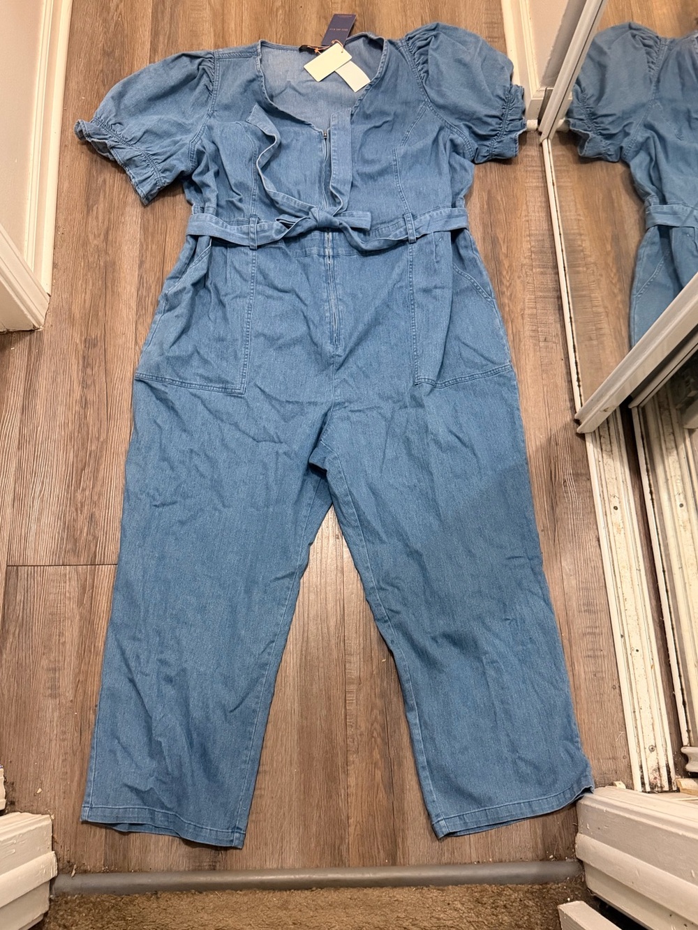 H&M Light Blue Denim Puff-Sleeve Jumpsuit with Self-Tie Waist